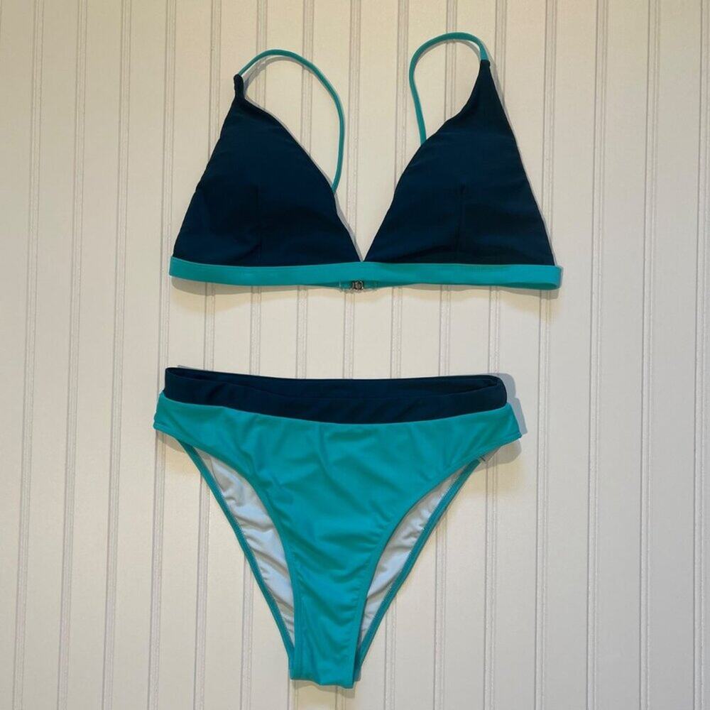 Women 2 Piece Bikini Swimsuit Size XL Aqua Navy Colorblock High Waist